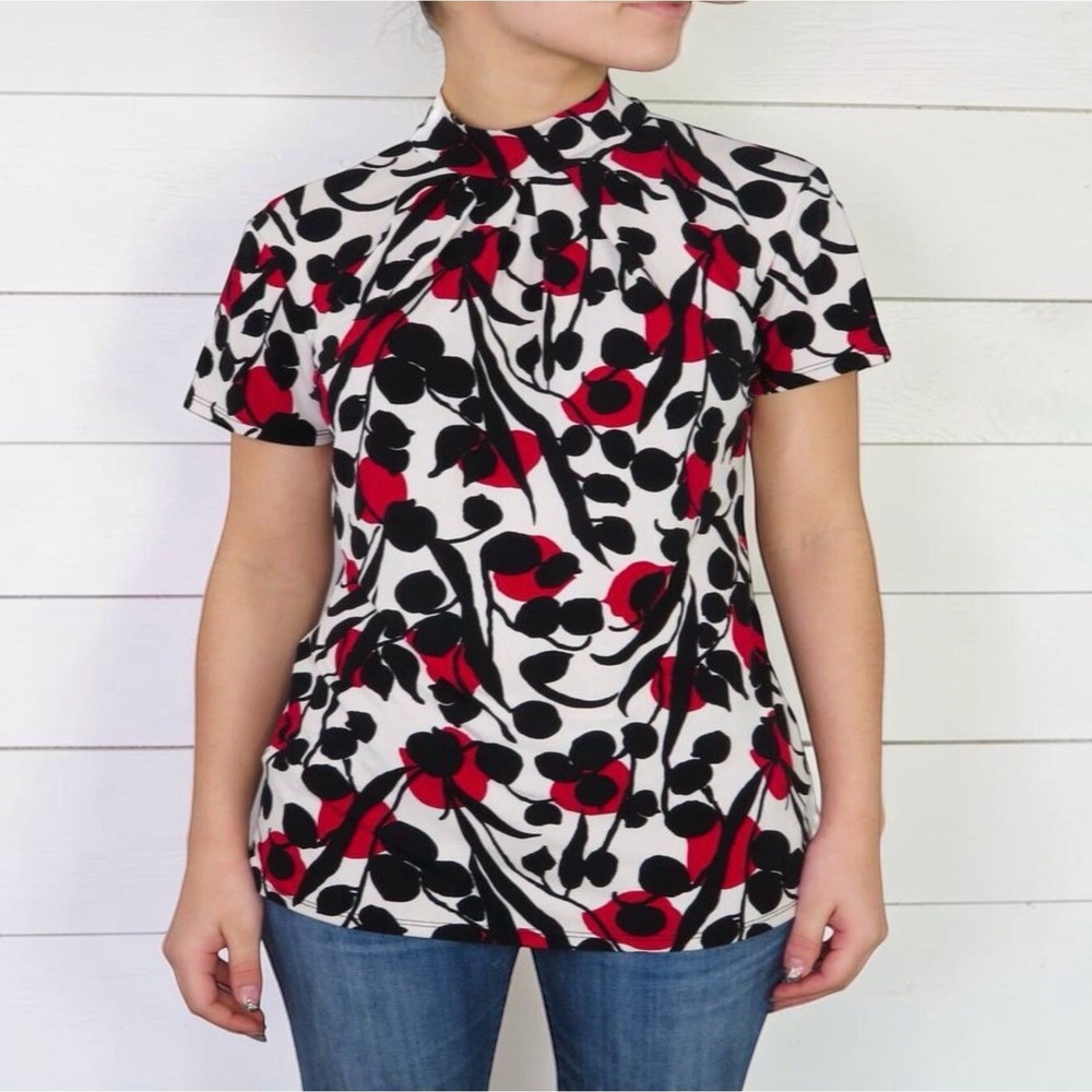 Style & Co. XL Floral Top Blouse Red Black Short Flutter Sleeve Mock Turtleneck